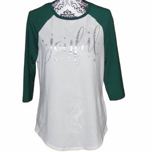 State of Mine Small “JOYFUL” Graphic Tee T-Shirt S Raglan White Green Pullover